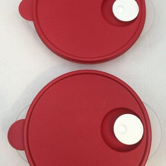 Tupperware Crystalwave Bowl Set 2 Sheer Bowls with Red Seals , White Steam Vents - Picture 2 of 3